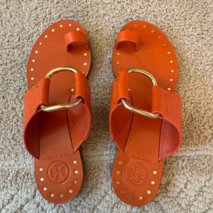 Tory Burch Vibrant Orange Sandals with Gold Ring Detail